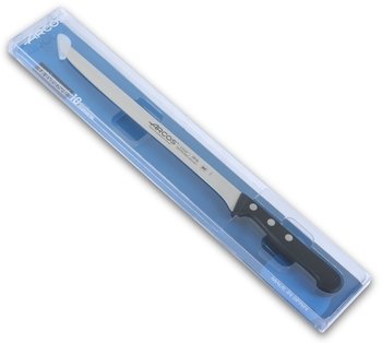 Universal ham carving knife in its plastic-covered cardboard box
