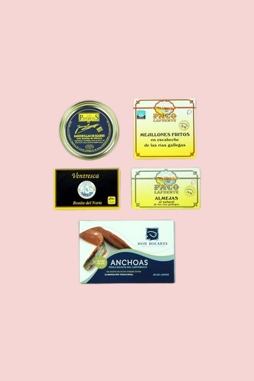 Assortment of 5 fish and seafood preserves for appetizers