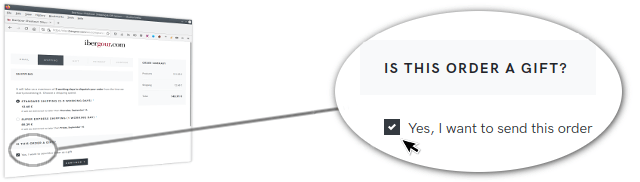 Web page where you can choose to have your order sent as a gift